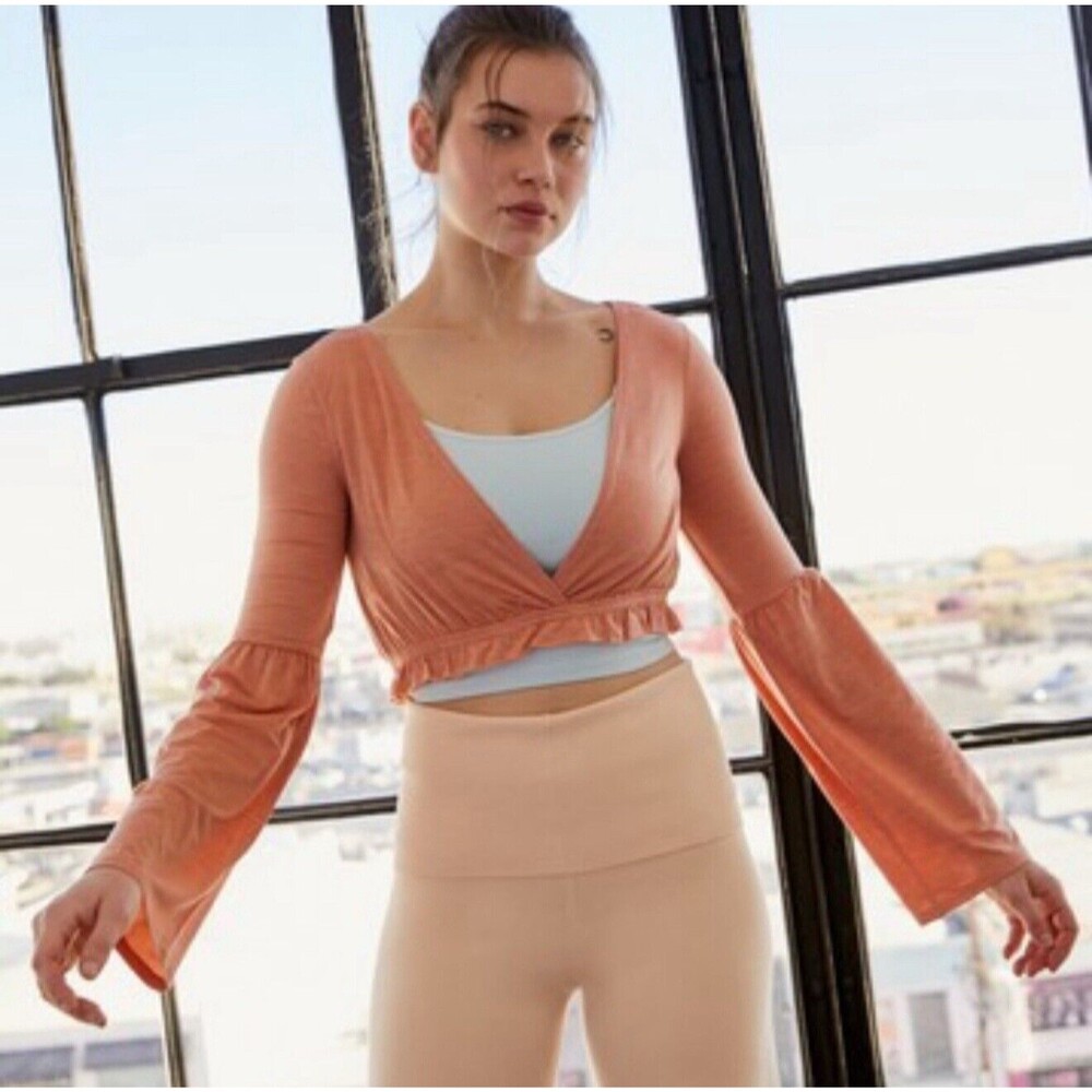 NWT Free People Brushed Apricot Bell‎ Sleeve Crop Top Women's Sz M Boho Feather